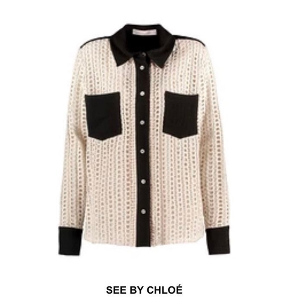 See By Chloé Cream and Black Eyelet Button-Front Blouse